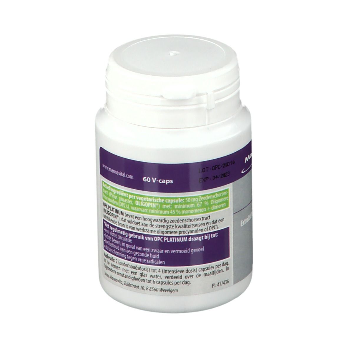 Witte fles met capsules. Productinfo op achterkant. 60 V-caps. Veiligheidssluiting.