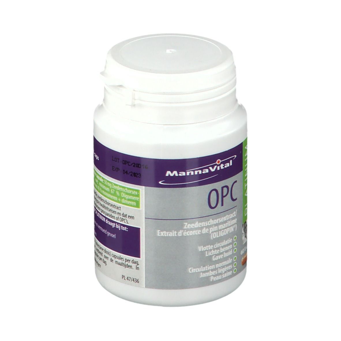 Witte fles met capsules. Etiket met productnaam en ingrediënten. Dop met veiligheidssluiting.