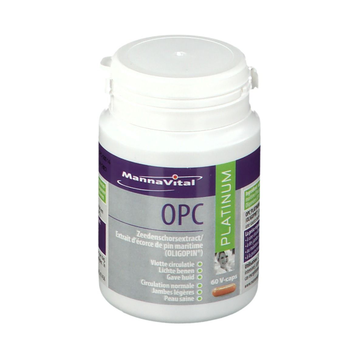 Witte fles met capsules. Etiket met productnaam en ingrediënten. Dop met veiligheidssluiting.