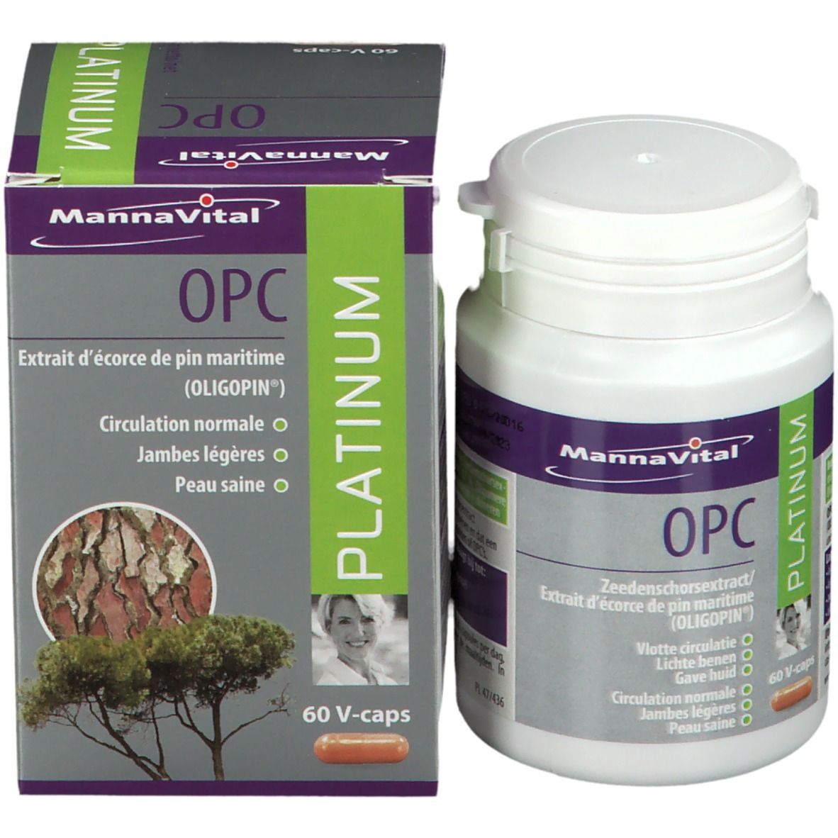 Productverpakking met fles en doos. Fles met capsules, doos met productinfo en afbeelding.