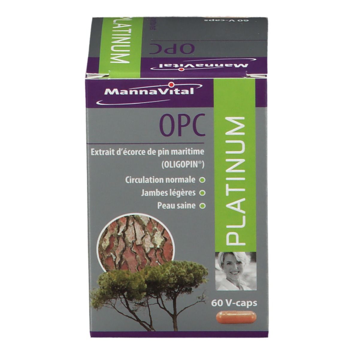 Productverpakking. Doos met productinfo, afbeelding en 60 V-caps. Grijze en groene kleuren.