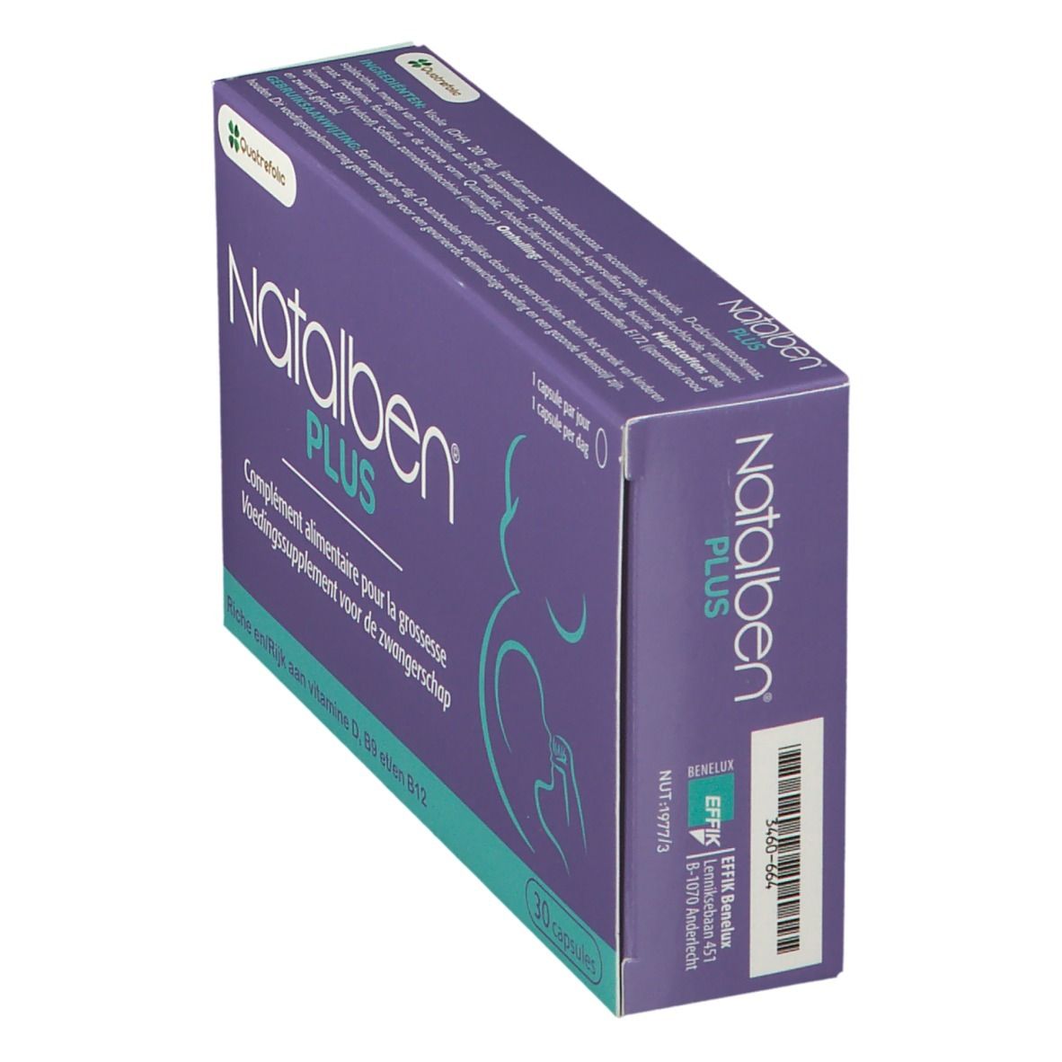Natalben PLUS-Packung, schräg. Lila Schachtel mit weißer Schrift. Text: Nahrungsergänzungsmittel für Schwangere. 30 Kapseln.