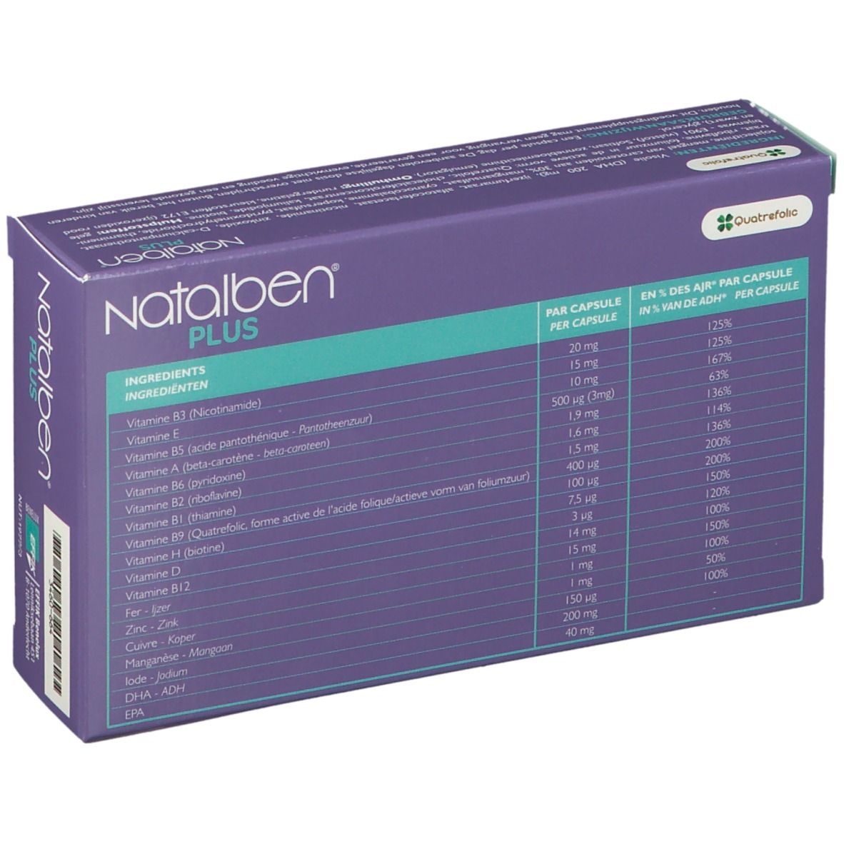 Natalben PLUS-Packung, Rückseite. Lila Schachtel mit Inhaltsstoffliste. Enthält Vitamine und Mineralien. Text in Deutsch und Niederländisch.