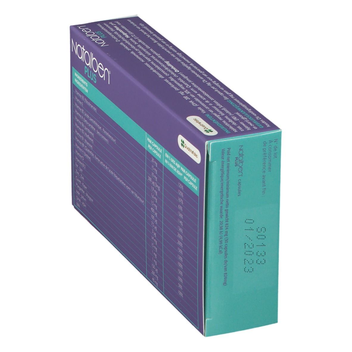 Natalben PLUS-Packung, schräg. Lila Schachtel mit Text und Verfallsdatum. Text: Nahrungsergänzungsmittel für Schwangere. 01/2023.