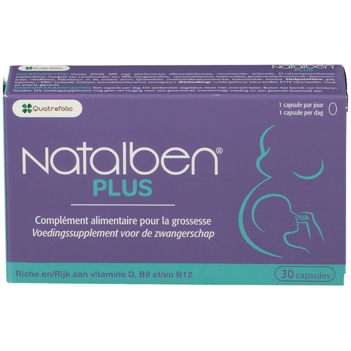 Natalben PLUS-Packung. Lila Schachtel mit weißer Schrift. Enthält 30 Kapseln. Text: Nahrungsergänzungsmittel für Schwangere.