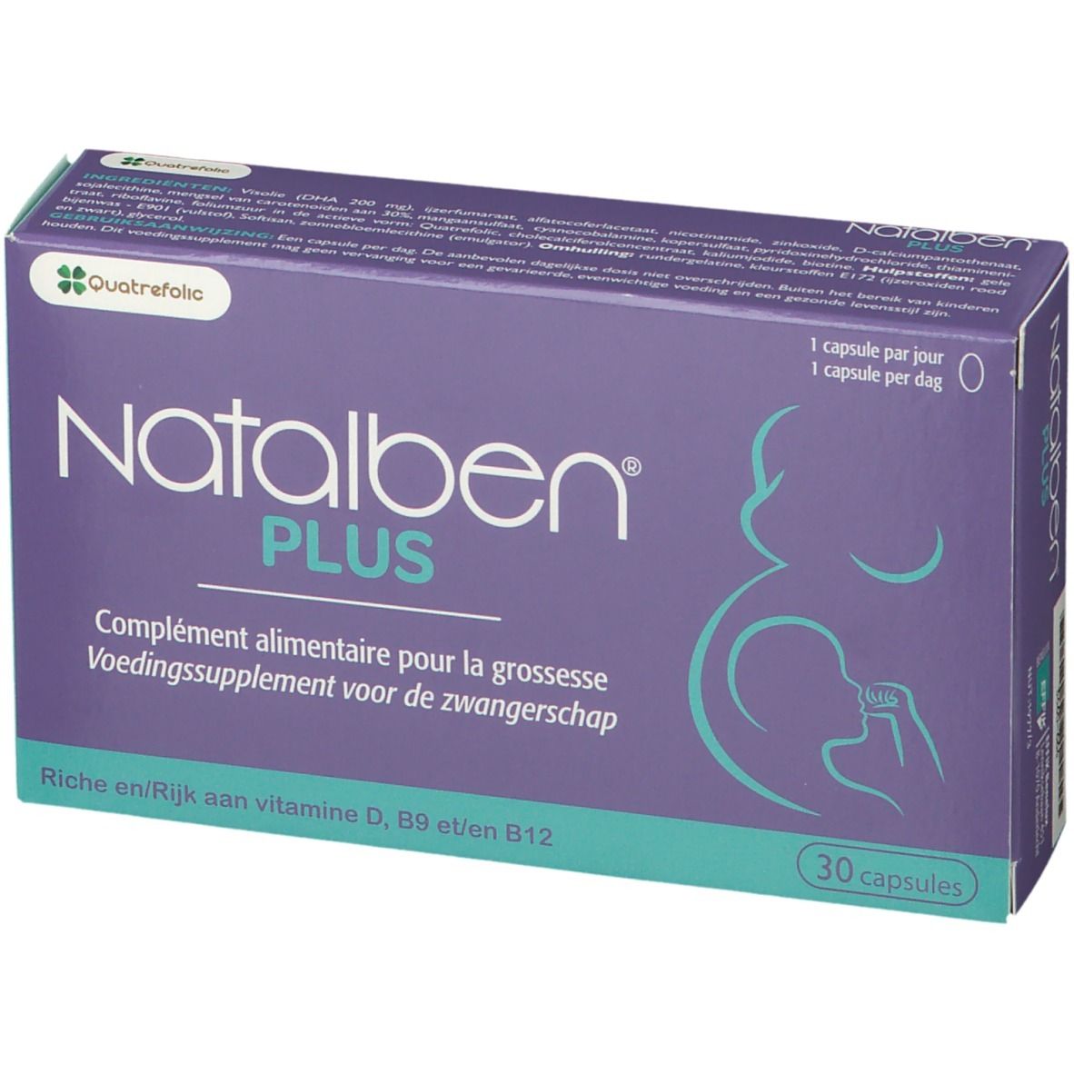 Natalben PLUS-Packung. Lila Schachtel mit weißer Schrift. Enthält 30 Kapseln. Text: Nahrungsergänzungsmittel für Schwangere.