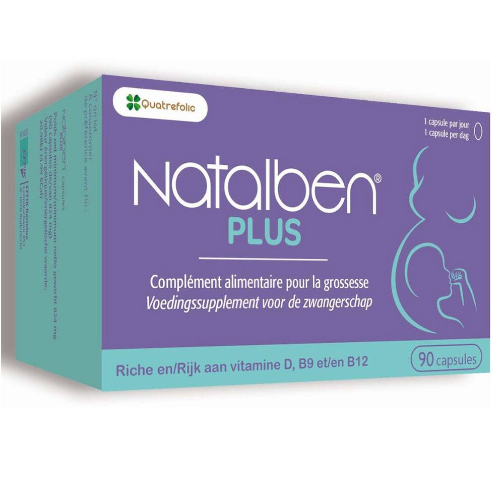 Boîte Natalben Plus. Rectangle violet et blanc avec nom et informations. 90 capsules. Complément alimentaire pour grossesse.