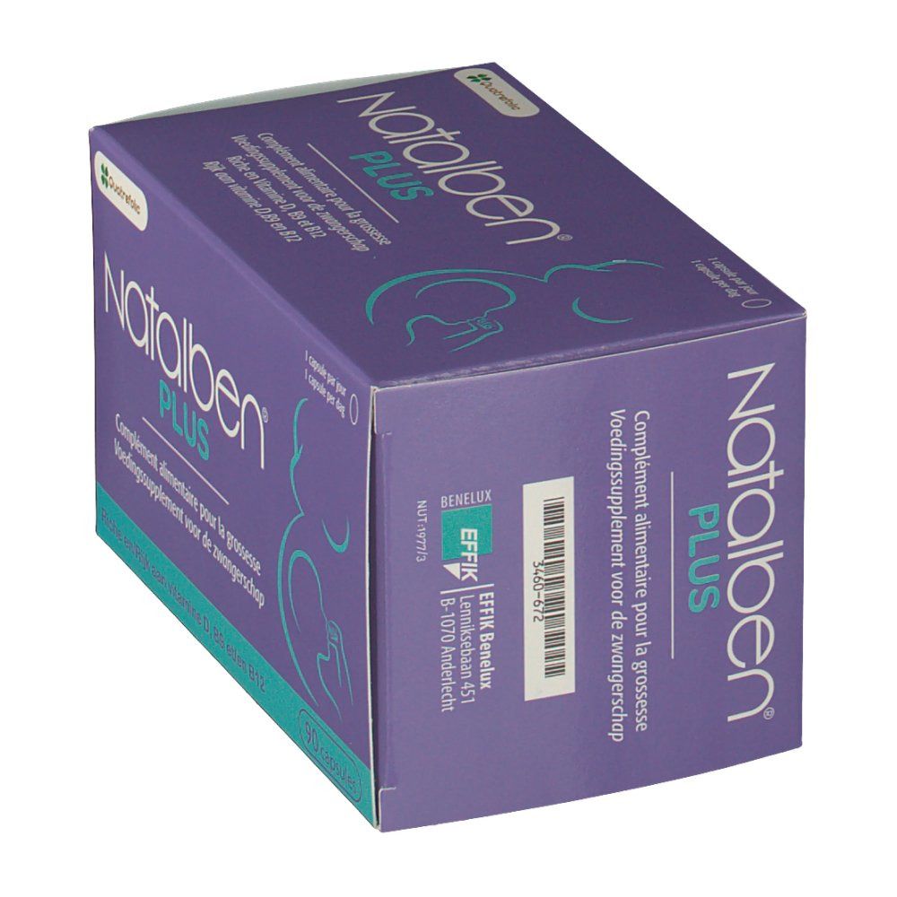 Boîte Natalben Plus, en biais. Rectangle violet et blanc avec nom et détails. Détail de l'emballage.