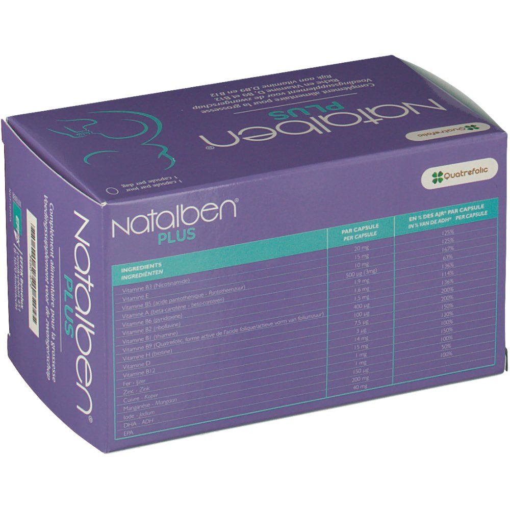 Boîte Natalben Plus, en biais. Dos avec ingrédients et informations nutritionnelles. Design violet et blanc.