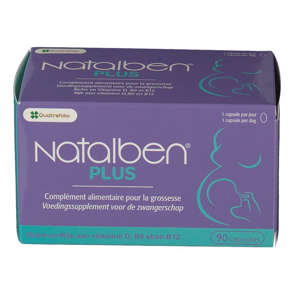 Boîte Natalben Plus. Rectangle violet et blanc avec nom et informations. 90 capsules. Complément alimentaire.