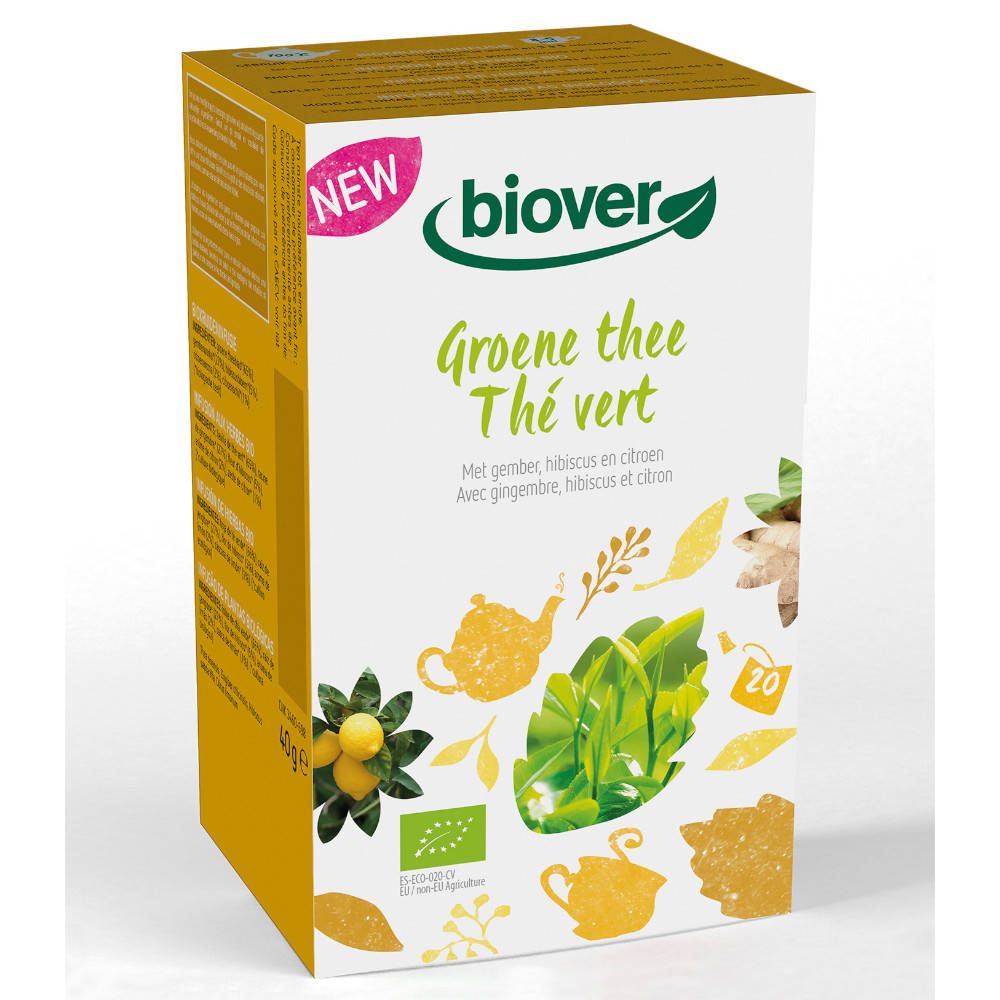 Biover-verpakking met groene thee. Opschrift: Groene thee, Thé vert. Met gember, hibiscus en citroen. Bio-label.