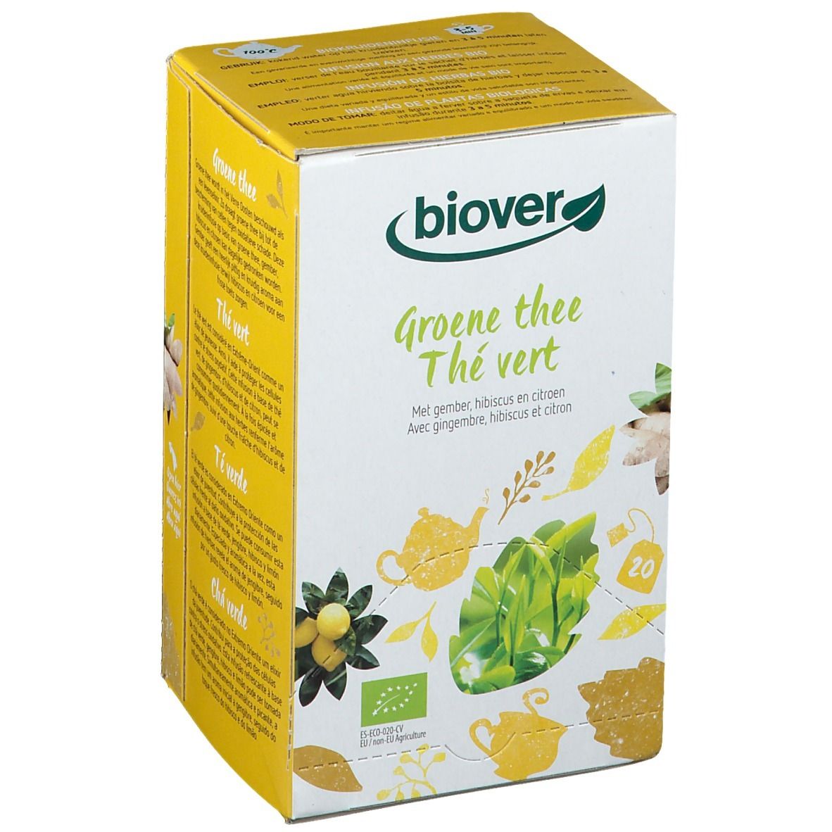 Biover-verpakking met groene thee. Opschrift: Groene thee, Thé vert. Met gember, hibiscus en citroen. 20 zakjes.