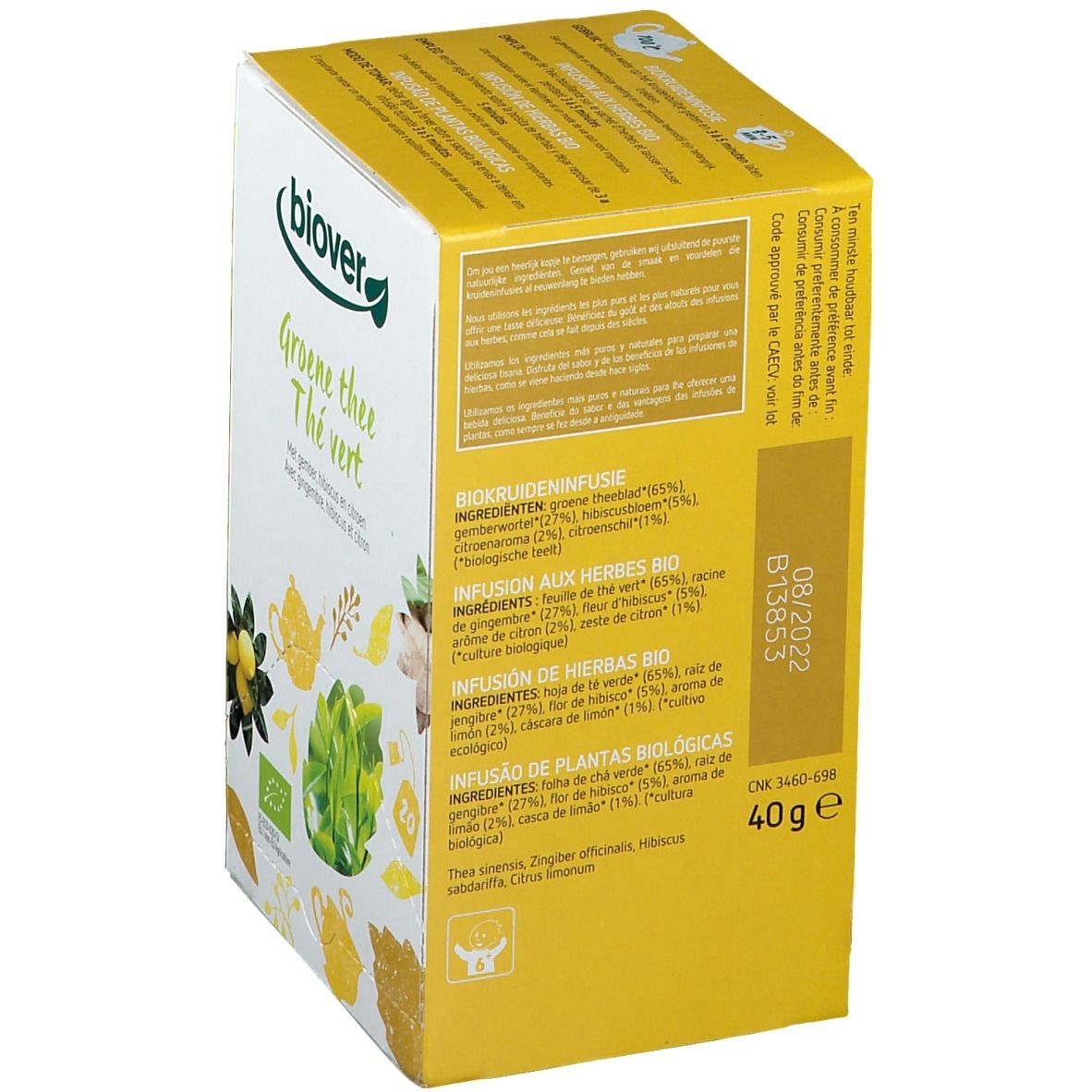 Biover-verpakking met groene thee. Opschrift: Groene thee, Thé vert. Met gember, hibiscus en citroen. 20 zakjes.