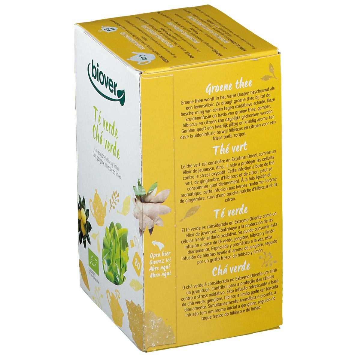 Biover-verpakking met groene thee. Opschrift: Groene thee, Thé vert. Met gember, hibiscus en citroen. 40g.
