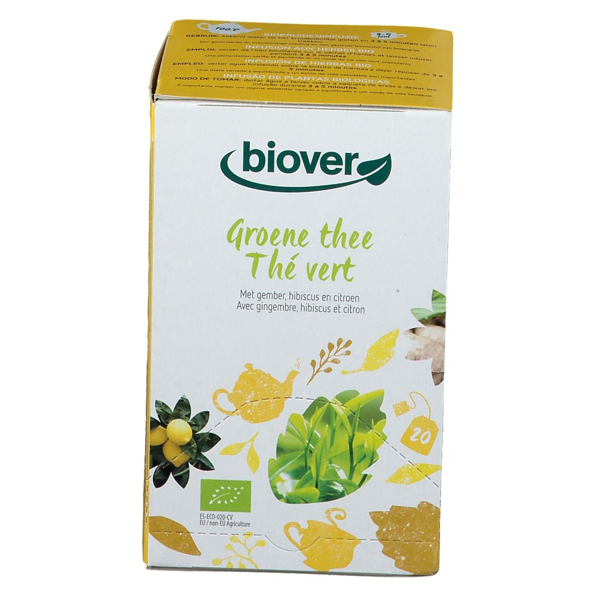 Biover-verpakking met groene thee. Opschrift: Groene thee, Thé vert. Met gember, hibiscus en citroen. 20 zakjes.
