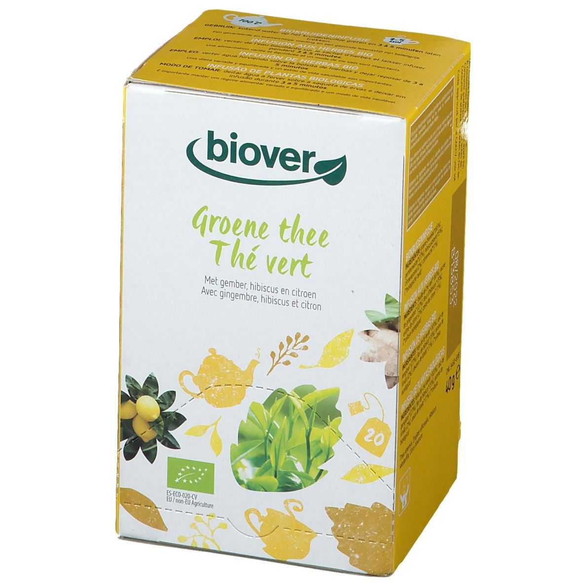 Biover-verpakking met groene thee. Opschrift: Groene thee, Thé vert. Met gember, hibiscus en citroen. 20 zakjes.
