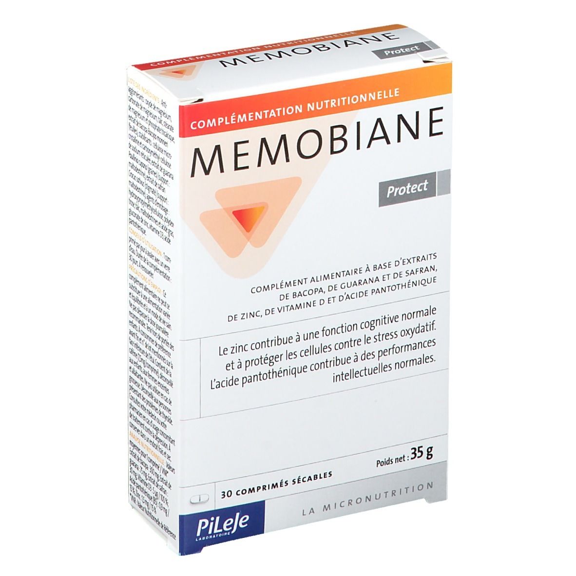 Doos "MEMOBIANE Protect". Bevat 30 deelbare tabletten. Opschrift "Pileje". Netto gewicht 35g.