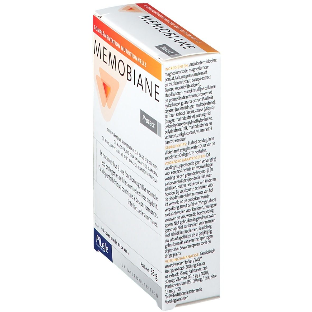 Doos met ingrediënten en voedingswaarde-informatie. Opschrift "MEMOBIANE Protect". Logo "Pileje".