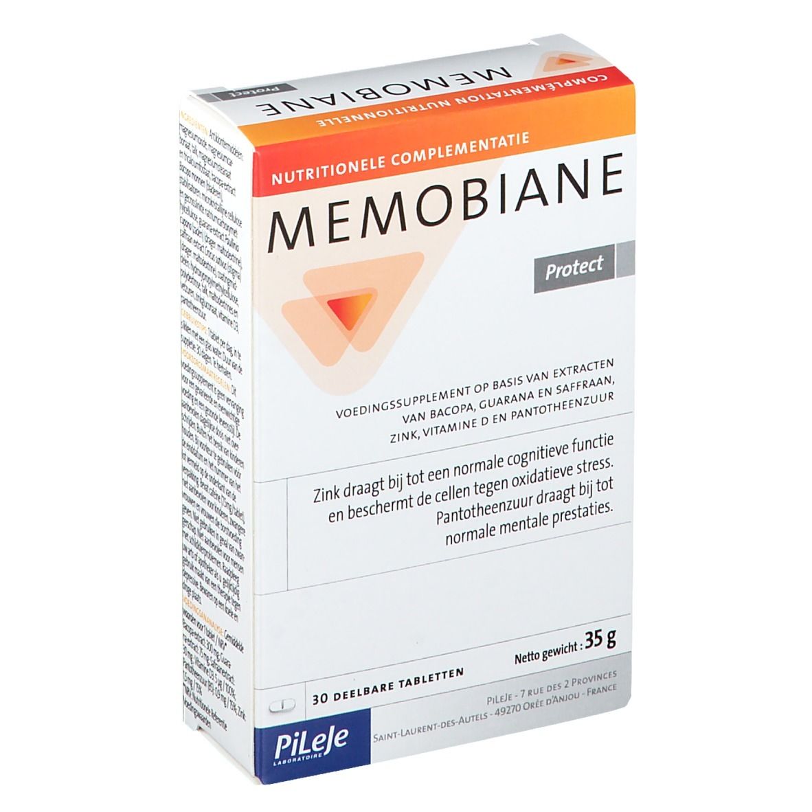 Doos "MEMOBIANE Protect". Bevat 30 deelbare tabletten. Opschrift "Pileje". Netto gewicht 35g.