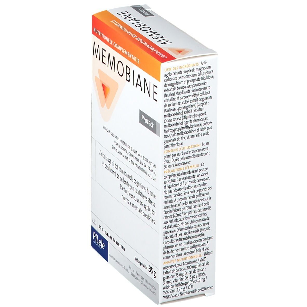 Doos met ingrediënten en voedingswaarde-informatie. Opschrift "MEMOBIANE Protect". Logo "Pileje".
