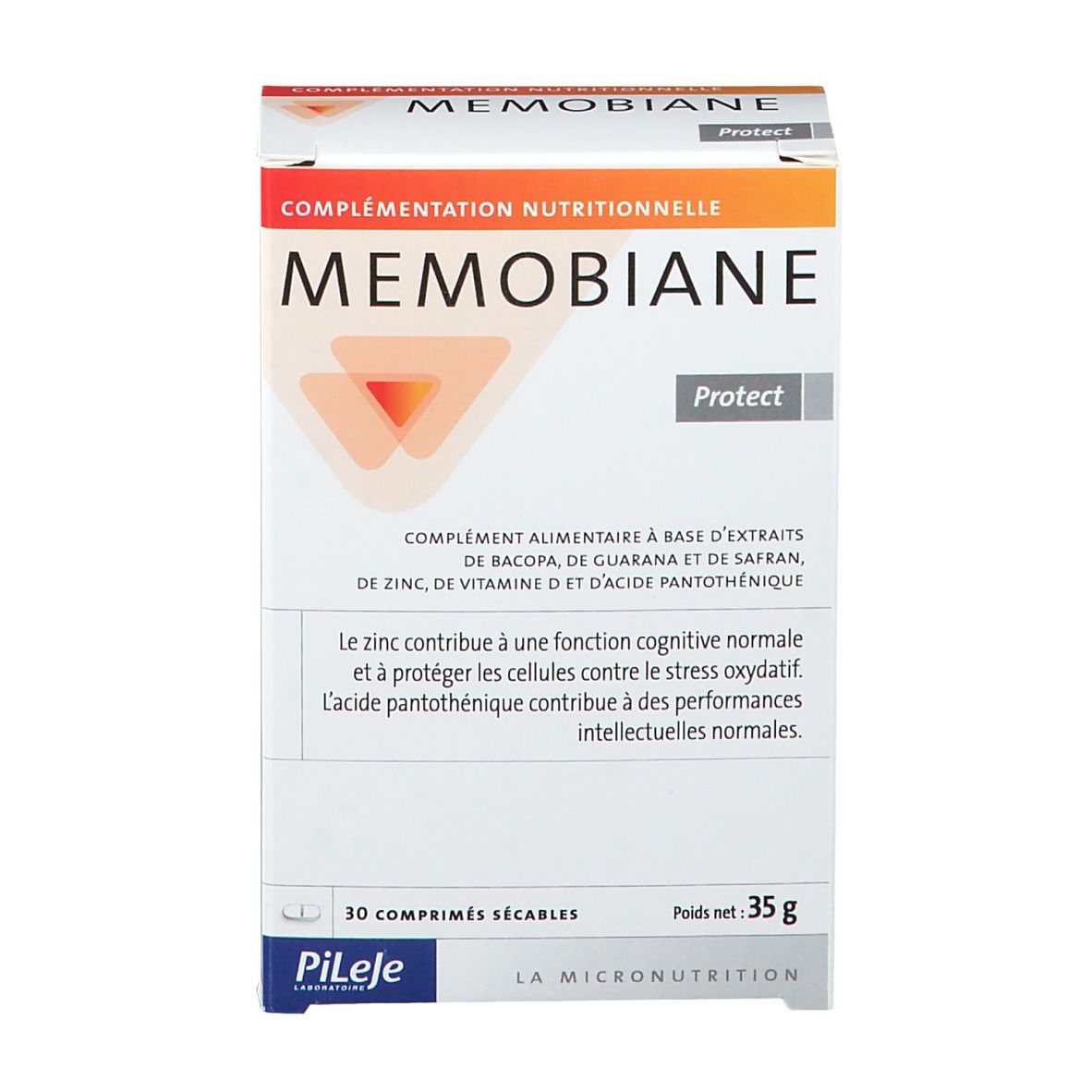 Doos "MEMOBIANE Protect". Bevat 30 deelbare tabletten. Opschrift "Pileje". Netto gewicht 35g.