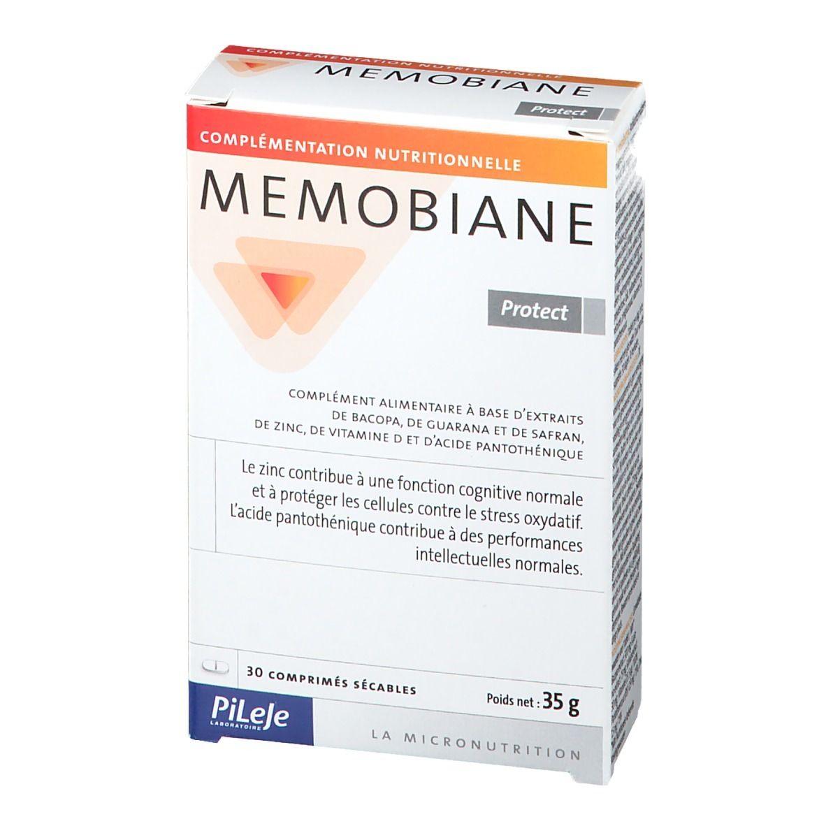 Doos "MEMOBIANE Protect". Bevat 30 deelbare tabletten. Opschrift "Pileje". Netto gewicht 35g.