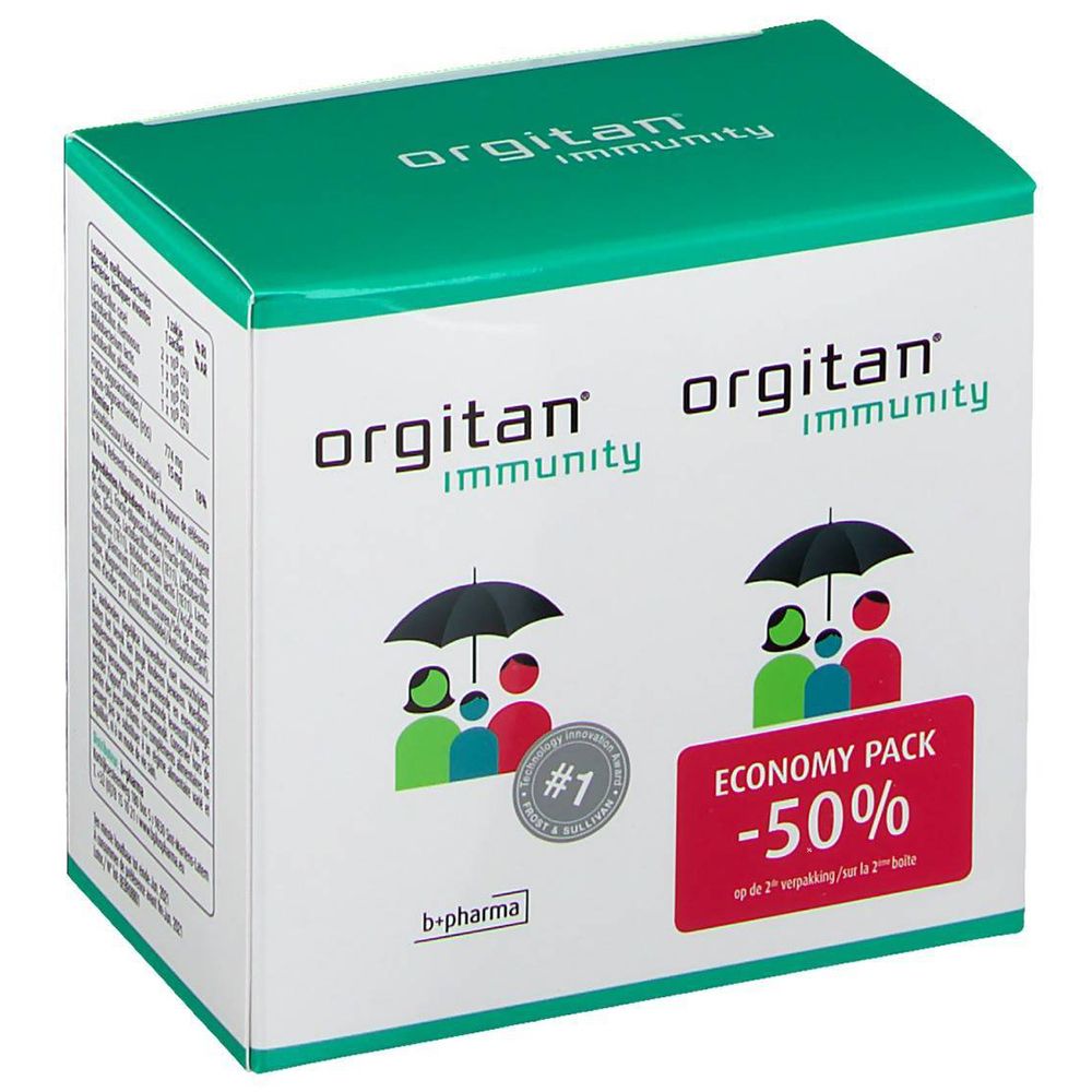 Orgitan Immunität DUO verpakking. Witte doos met groene deksel. Logo en illustraties. Opschrift "Economy Pack -50%".