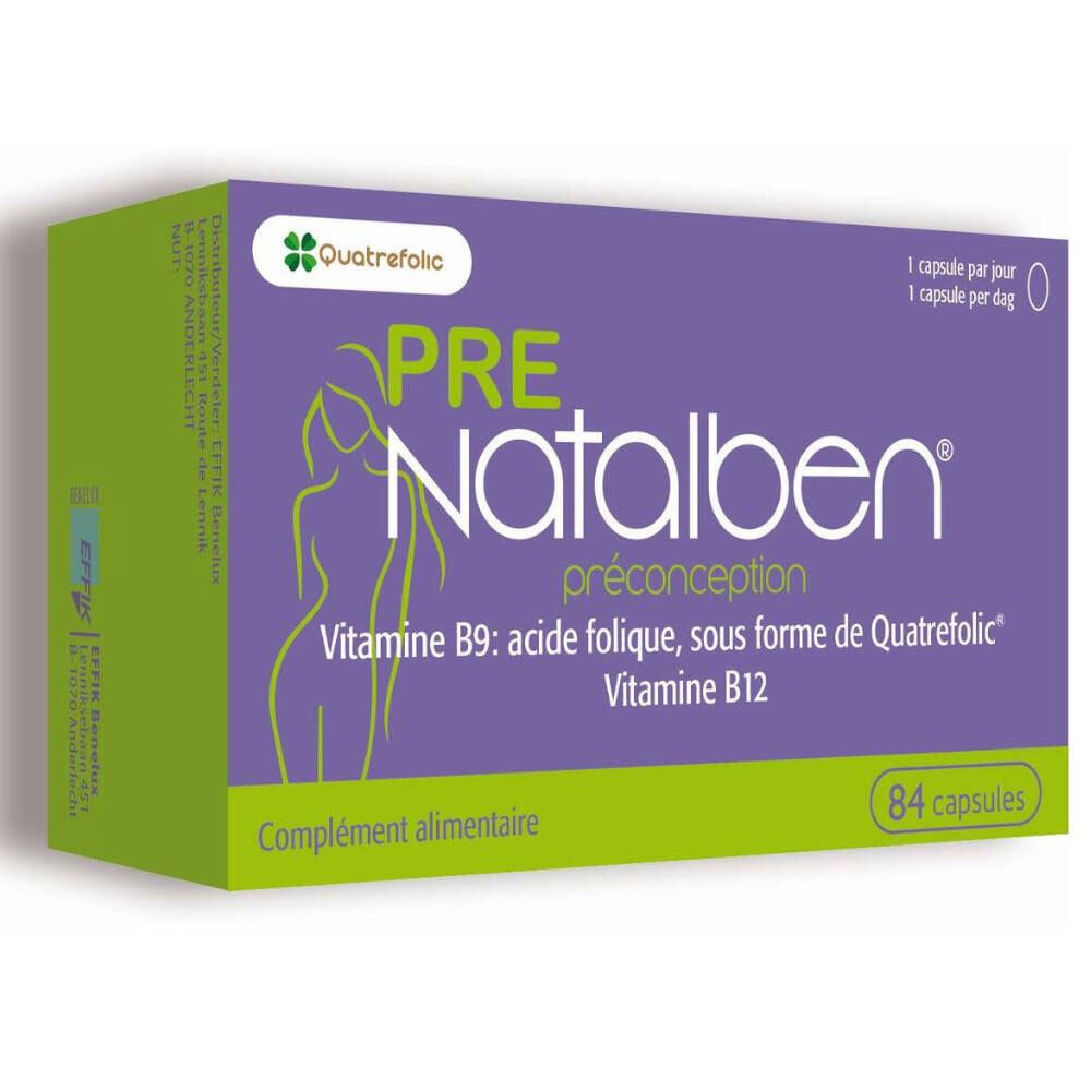 Paars-groene doos PRE Natalben. Bevat 84 capsules. Opschrift: Vitamine B9, B12. Quatrefolic-logo. Preconceptie.
