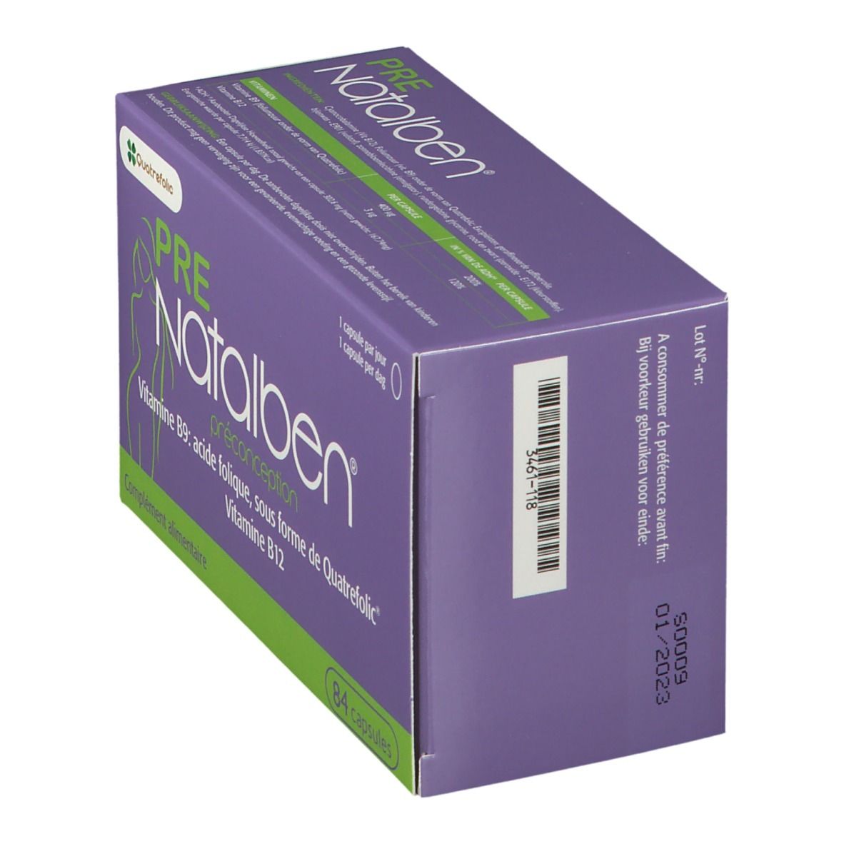 Paars-groene doos PRE Natalben. Achterkant met barcode en lotnummer. Bevat 84 capsules.