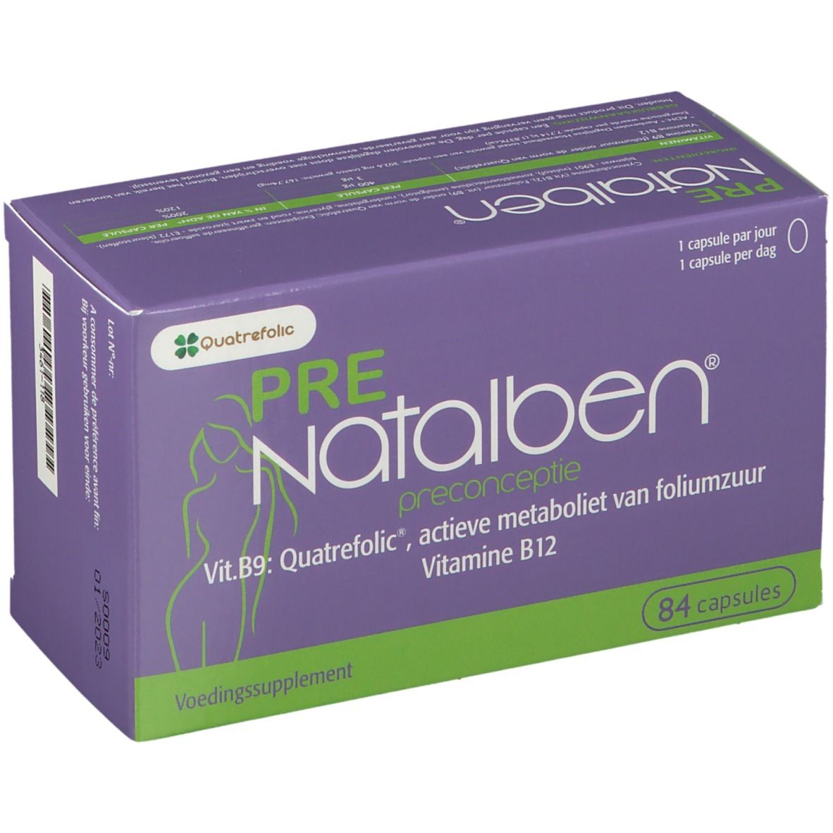 Paars-groene doos PRE Natalben. Bevat 84 capsules. Opschrift: Vit. B9, B12. Quatrefolic-logo. Preconceptie.