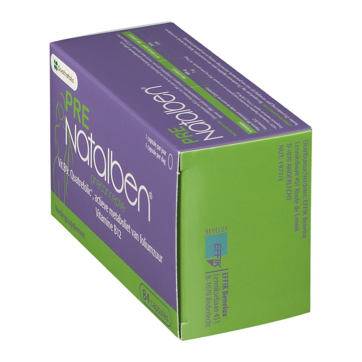 Paars-groene doos PRE Natalben. Bevat 84 capsules. Opschrift: Vit. B9, B12. Quatrefolic-logo. Preconceptie.
