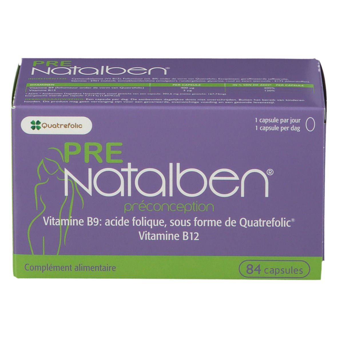 Paars-groene doos PRE Natalben. Bevat 84 capsules. Opschrift: Vitamine B9, B12. Quatrefolic-logo. Preconceptie.