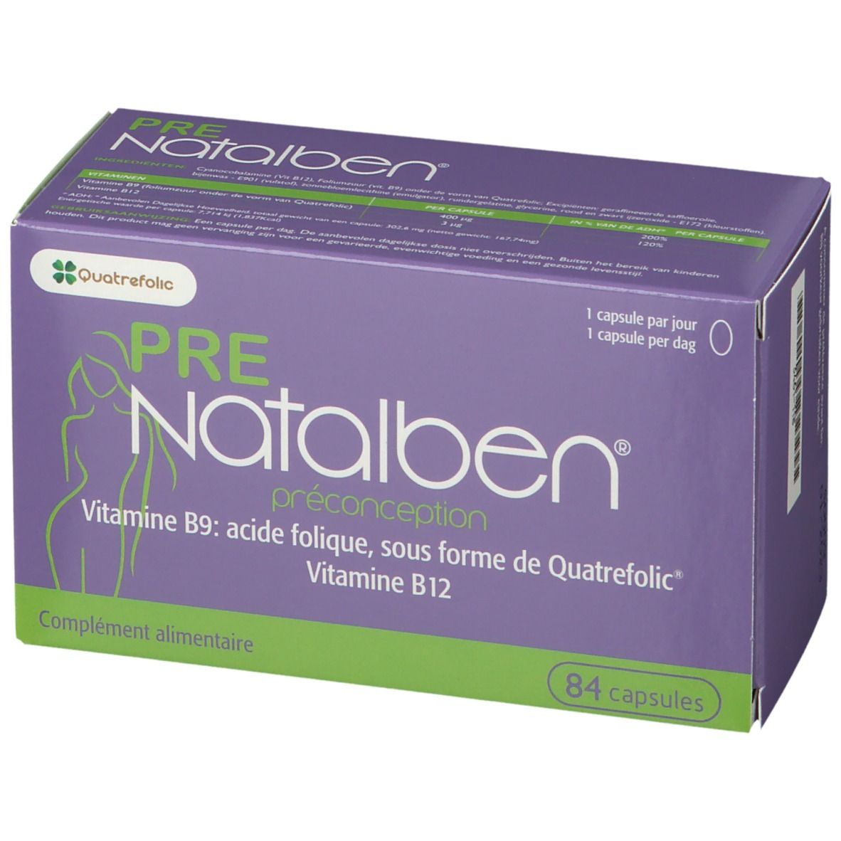 Paars-groene doos PRE Natalben. Bevat 84 capsules. Opschrift: Vitamine B9, B12. Quatrefolic-logo. Preconceptie.