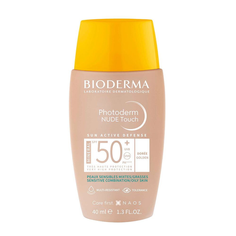 BIODERMA Photoderm NUDE Touch SPF50+, flacone da 40ml. Beige, tappo giallo. Scritta: SPF 50+, Mineral.
