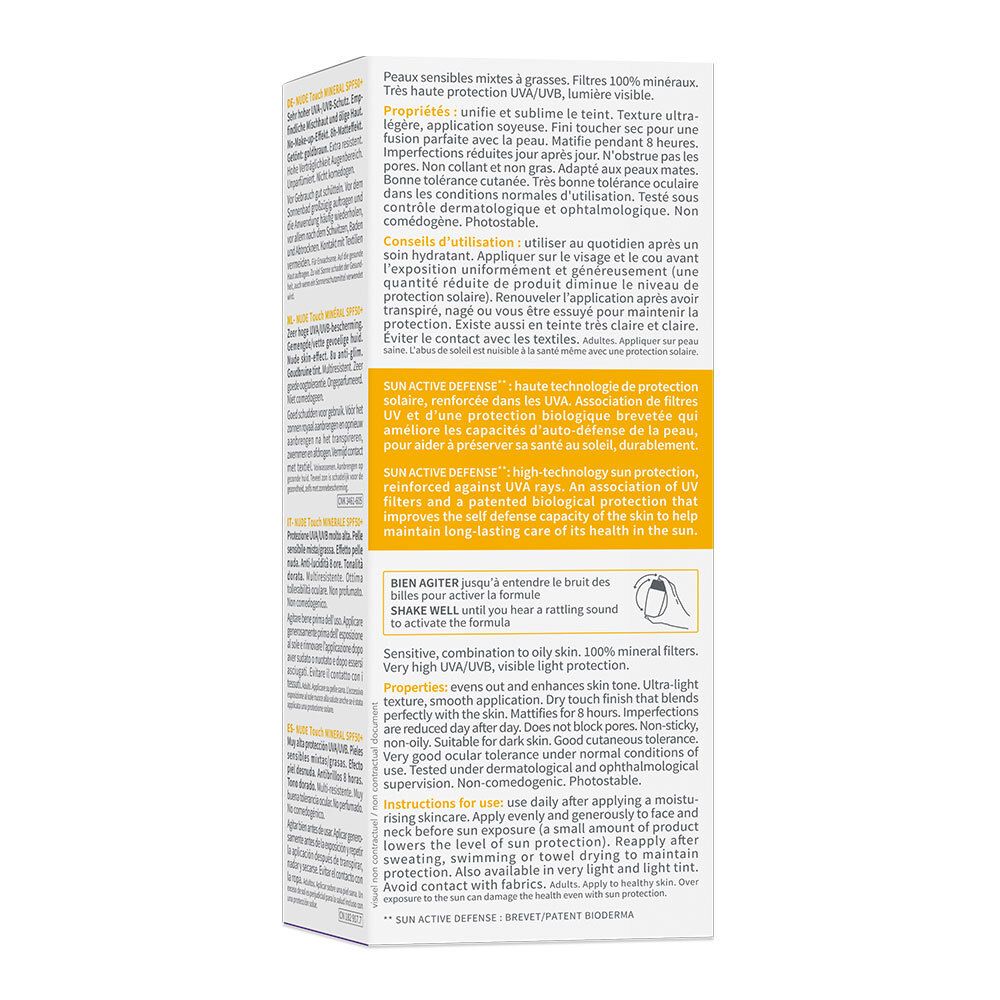 Retro della confezione BIODERMA Photoderm NUDE Touch SPF50+. Testo multilingue. Scritta: SUN ACTIVE DEFENSE.