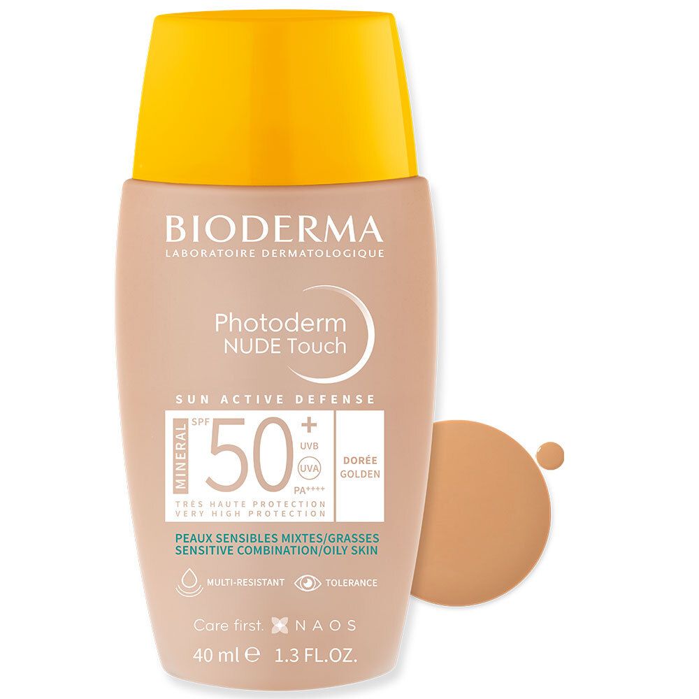 BIODERMA Photoderm NUDE Touch SPF50+, flacone da 40ml. Beige, tappo giallo. Accanto, una goccia di crema.