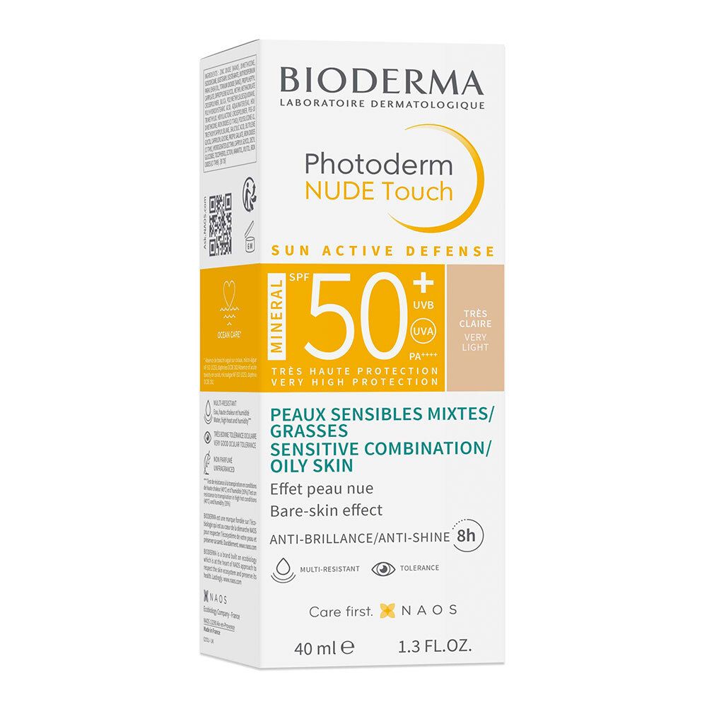 BIODERMA Photoderm NUDE Touch. Emballage avec informations. SPF 50+. Peaux mixtes/grasses.