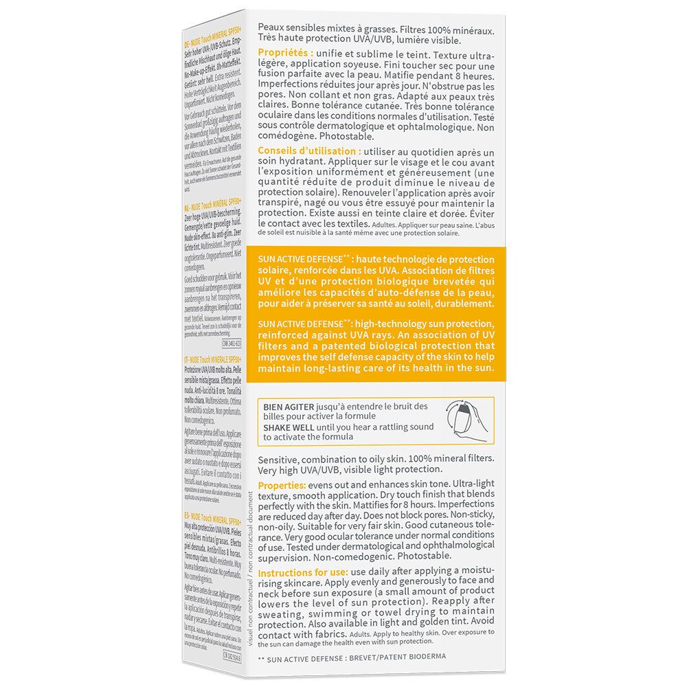 Dos de l'emballage BIODERMA Photoderm NUDE Touch. Informations produit multilingues.