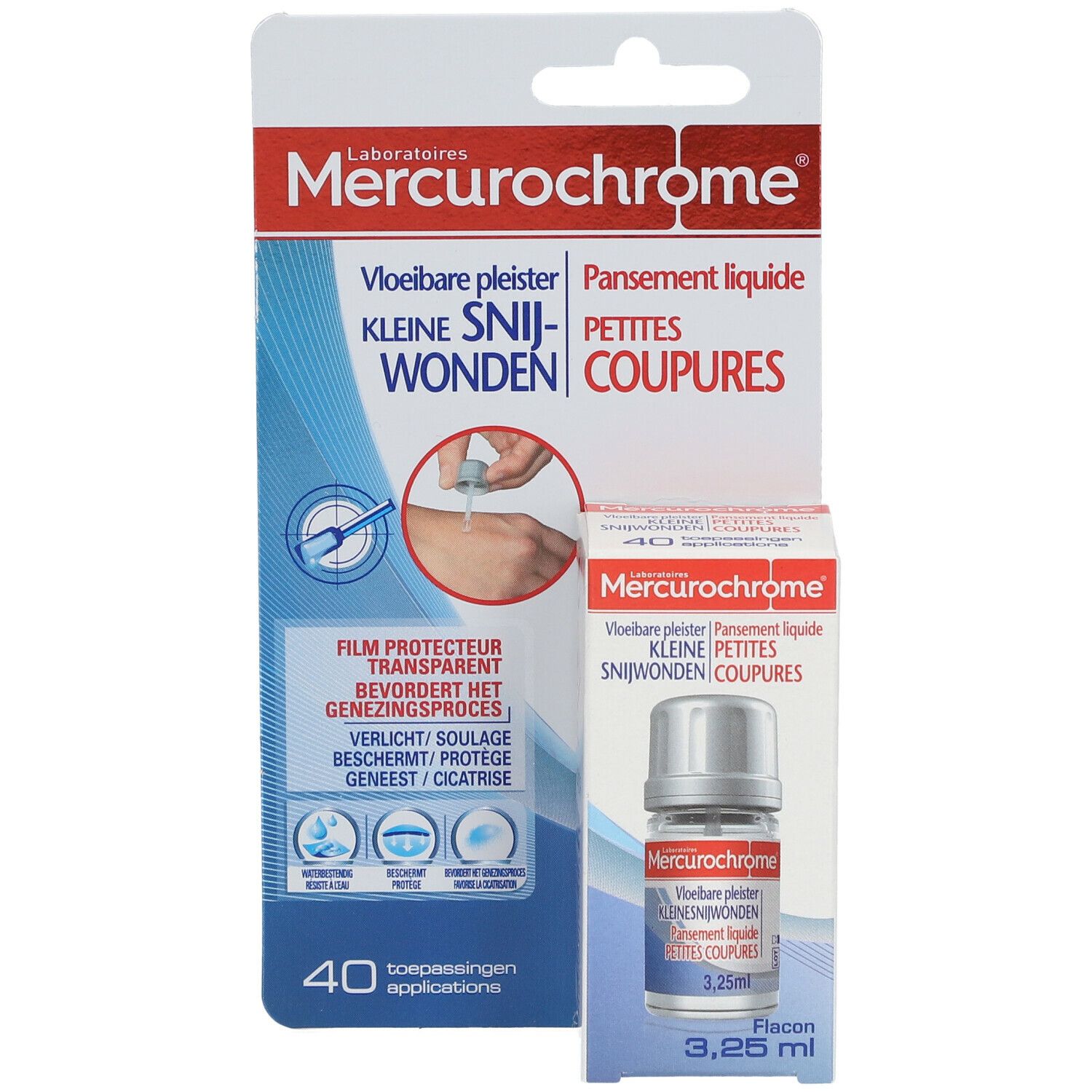 Mercurochrome vloeibare pleister. Fles en verpakking. Voorkant met tekst.