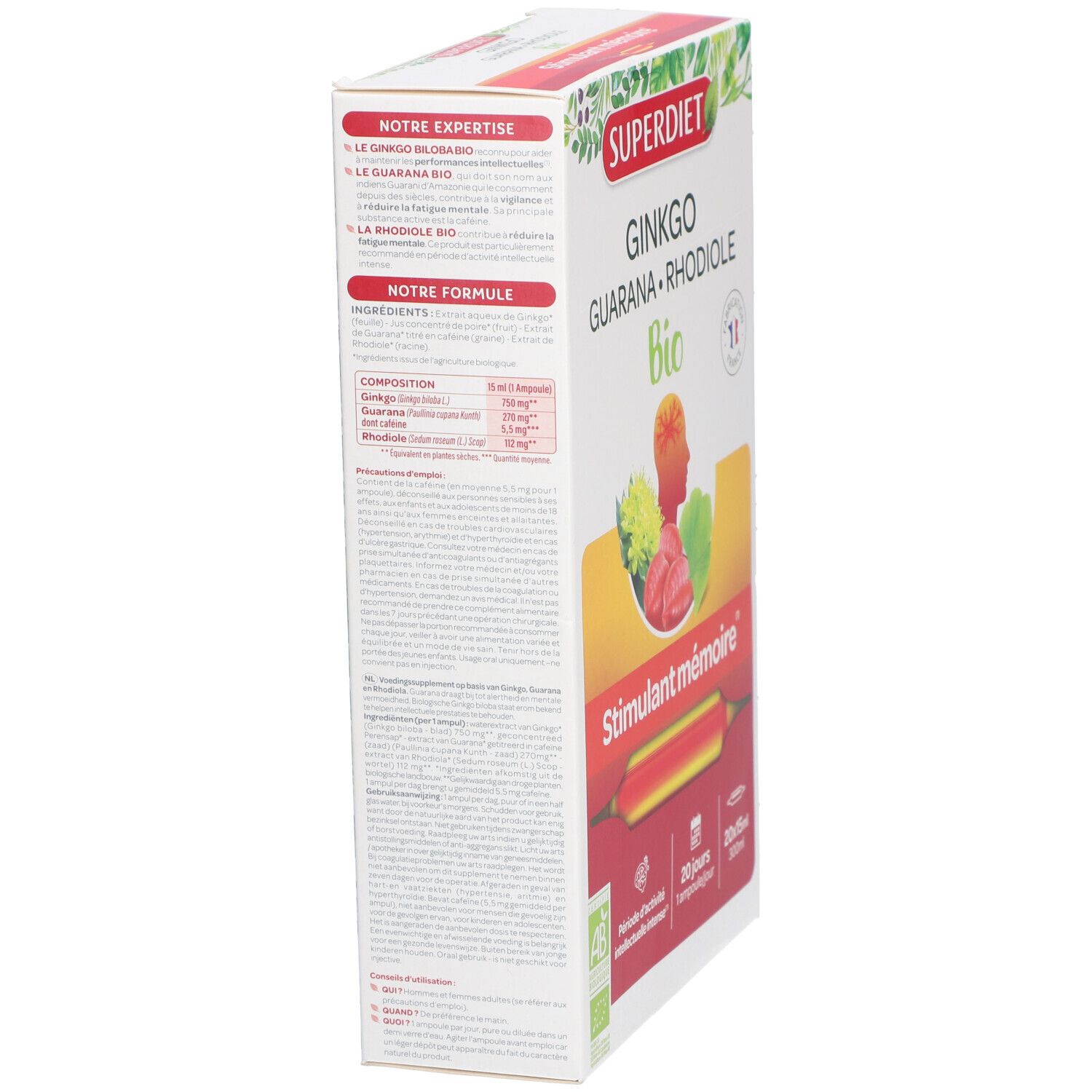 Vue latérale de la boîte Super Diet Ginkgo Boost Bio. Texte avec ingrédients et informations. Logo Bio et logo fabrication française.