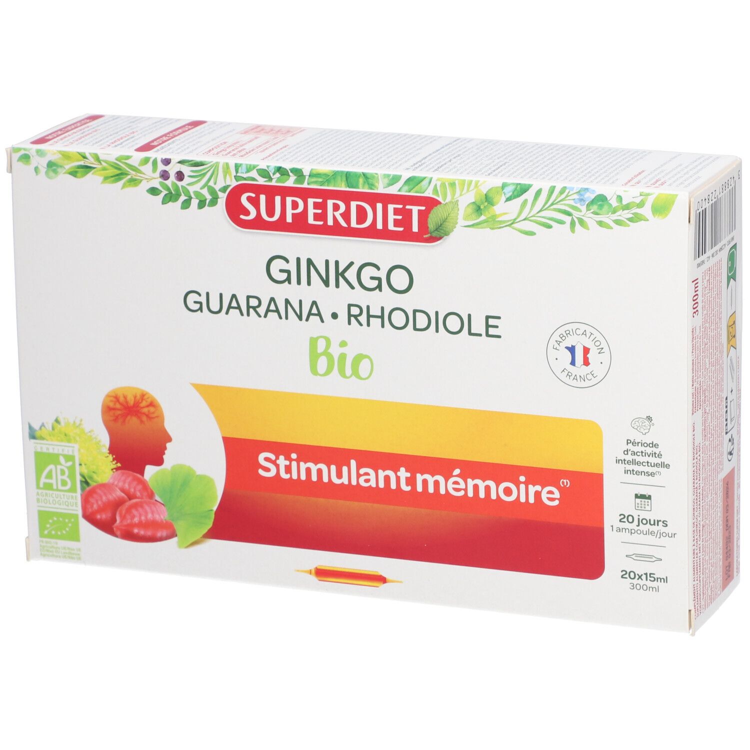 Boîte Super Diet Ginkgo Boost Bio. Carton blanc avec nom du produit, logo Bio et illustrations. 20 ampoules, 15ml chacune.