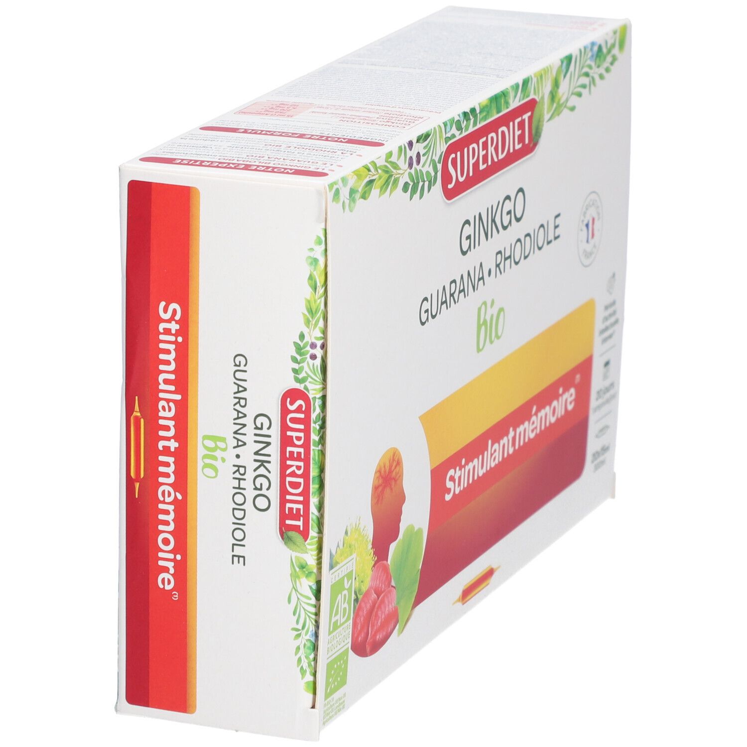 Boîte Super Diet Ginkgo Boost Bio. Vue en coin. Nom du produit, logo Bio et illustrations. Fabrication française.