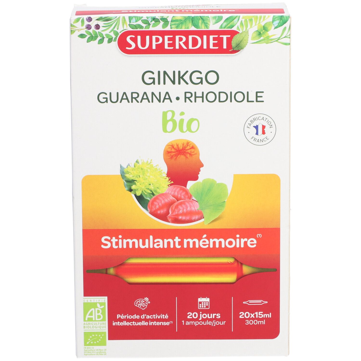 Boîte Super Diet Ginkgo Boost Bio. Carton blanc avec nom du produit, logo Bio et illustrations. Fabrication française.