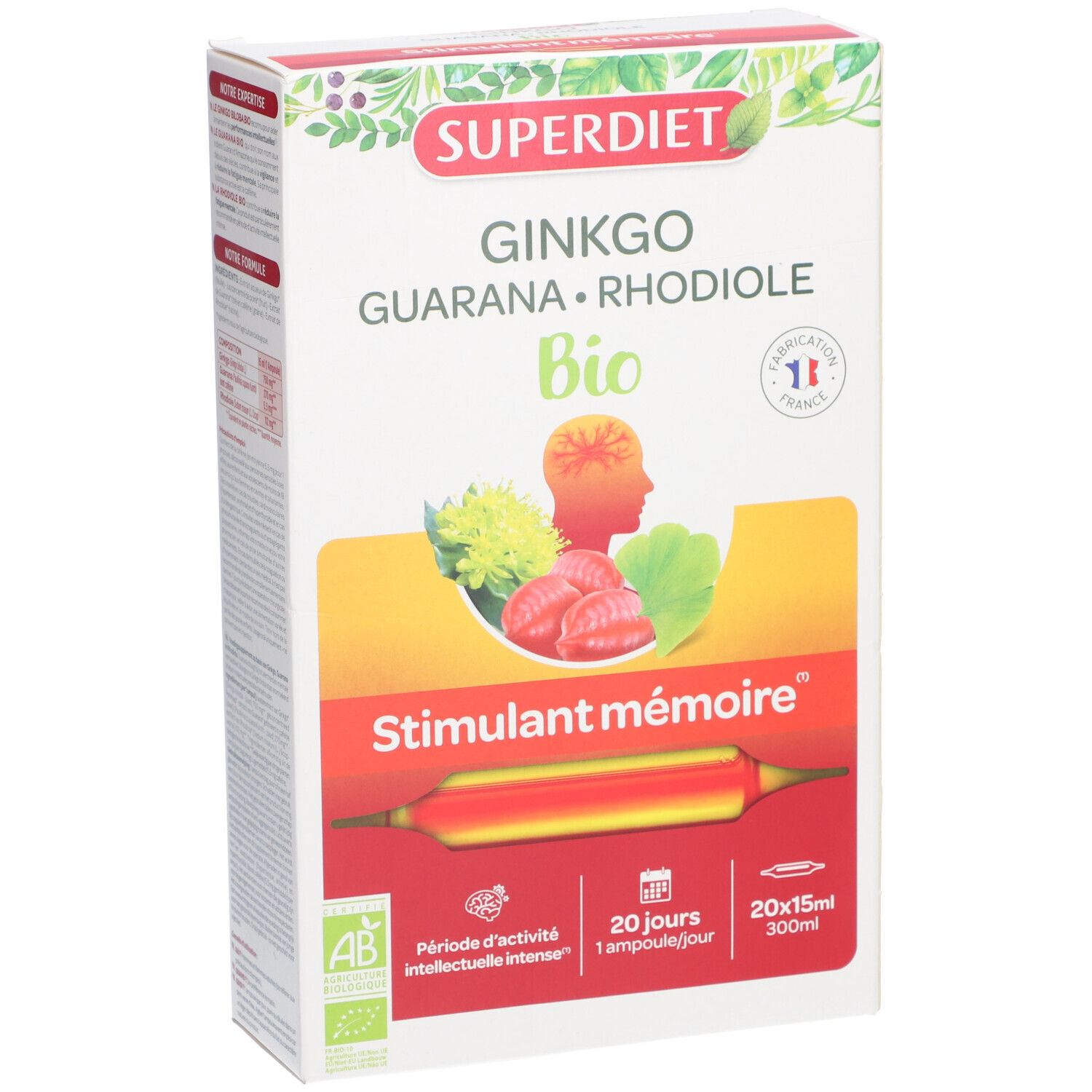 Boîte Super Diet Ginkgo Boost Bio. Carton blanc avec nom du produit, logo Bio et illustrations. Fabrication française.