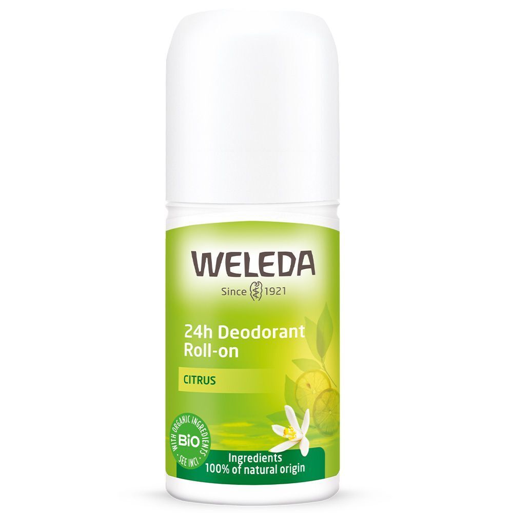 Roll-on déodorant Weleda Citrus. Flacon blanc avec étiquette verte. Certification bio, ingrédients 100% naturels.