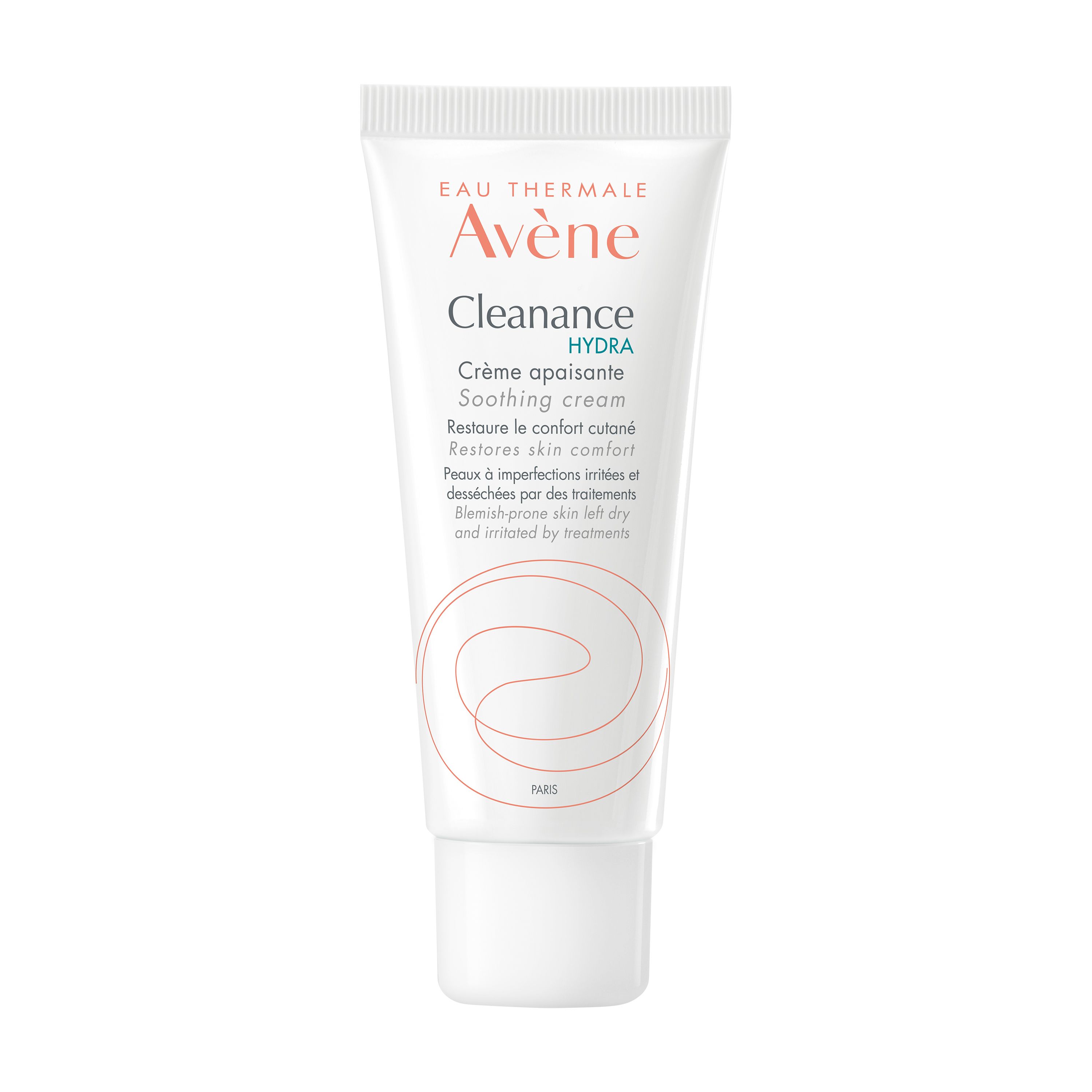 Tube blanc avec bouchon vert. Inscription: Eau Thermale Avène, Cleanance Hydra, Crème apaisante.