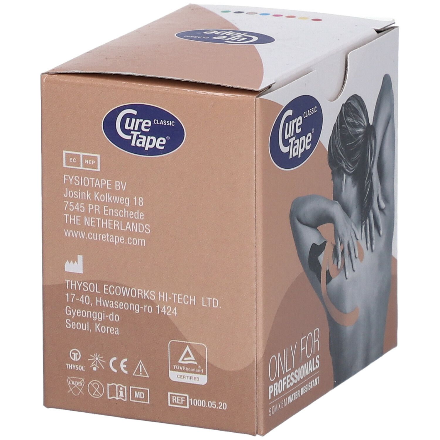 Cure Tape® verpakking. Opschrift: Cure Tape Classic, ONLY FOR PROFESSIONALS, 5 cm x 5 m, waterbestendig. Adresgegevens en certificeringen.