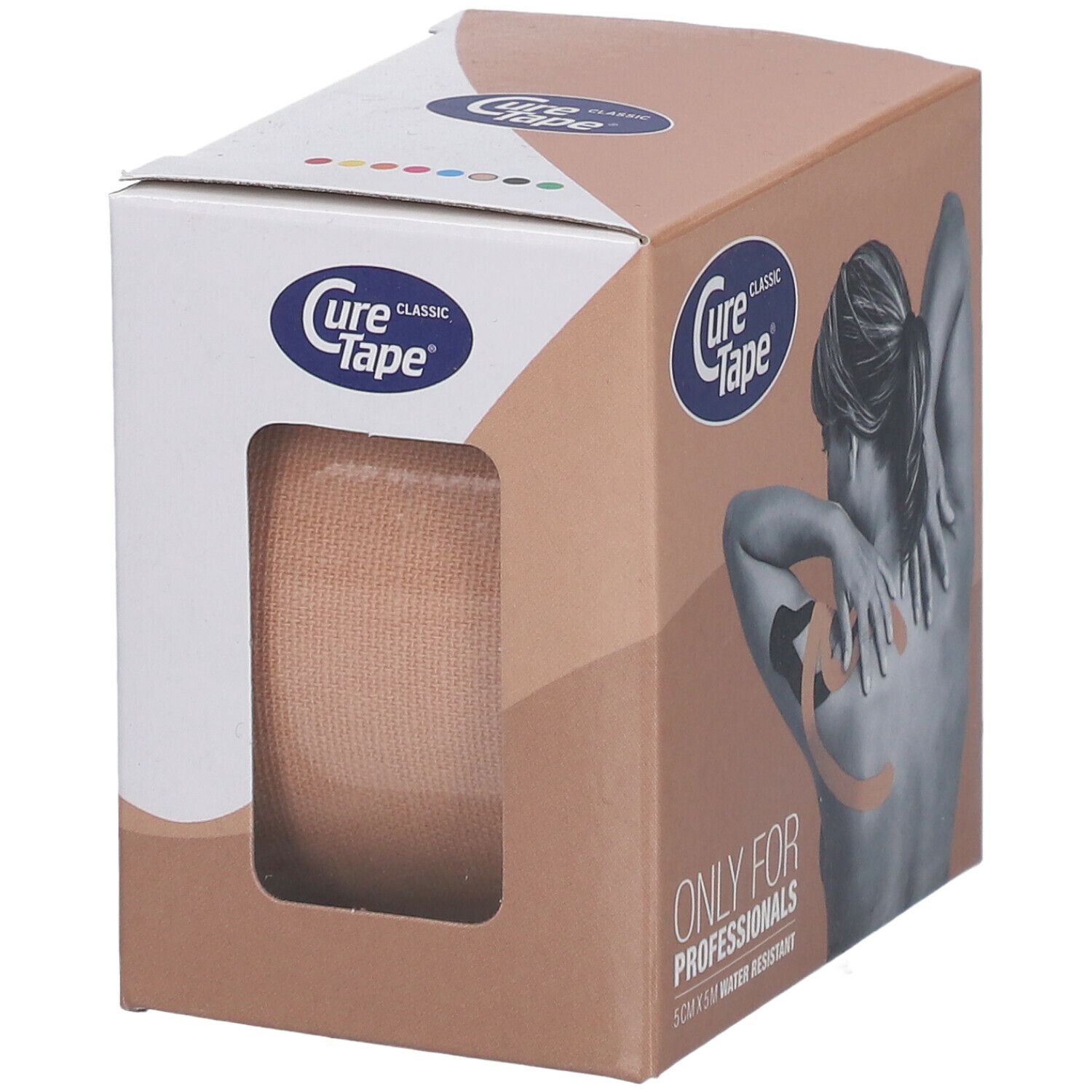 Cure Tape® verpakking met venster. Beige tape zichtbaar. Opschrift: Cure Tape Classic, ONLY FOR PROFESSIONALS, 5 cm x 5 m, waterbestendig.