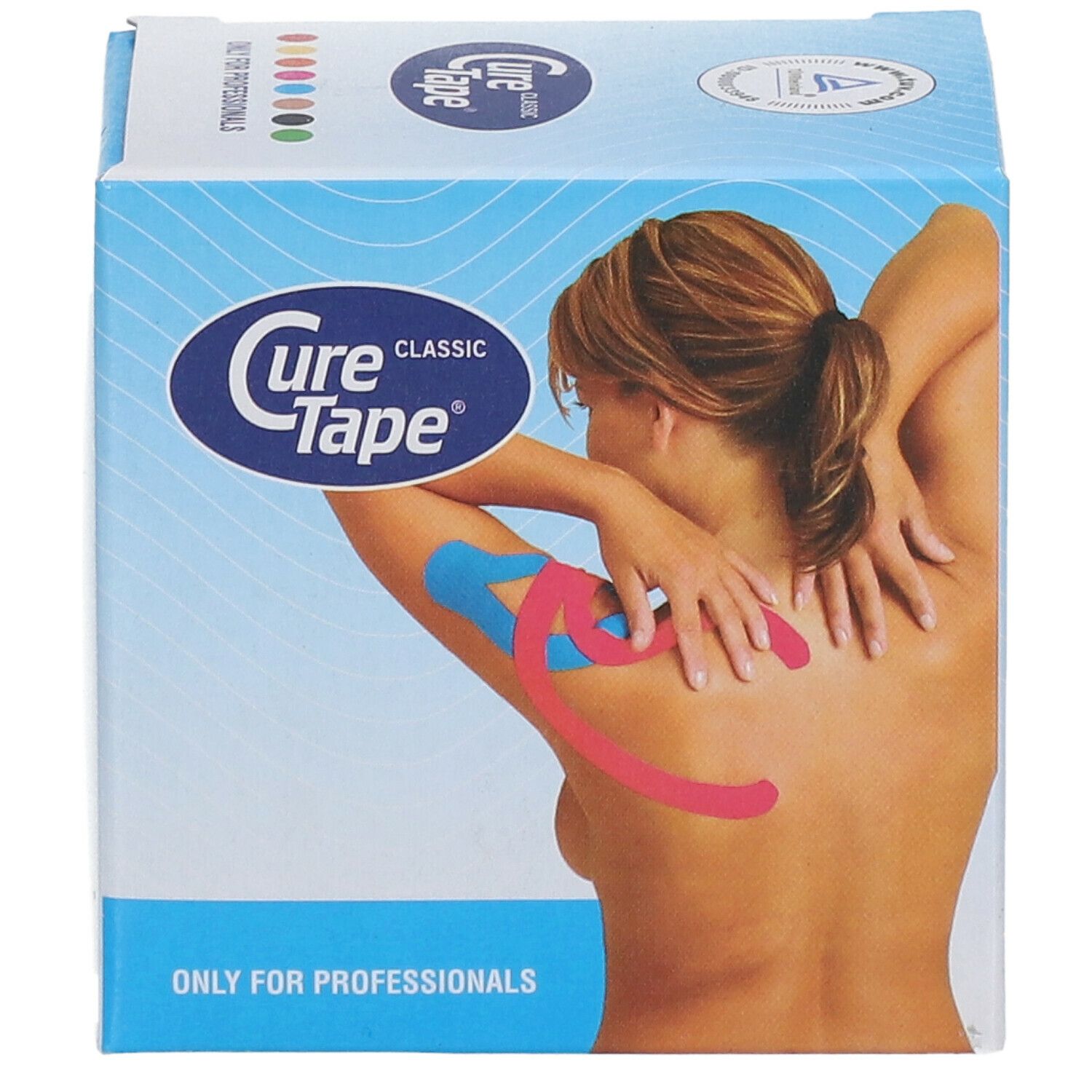 Verpakking van Cure Tape Classic. Afbeelding van een vrouw met gekleurde tape op haar arm. Opschrift: ONLY FOR PROFESSIONALS.