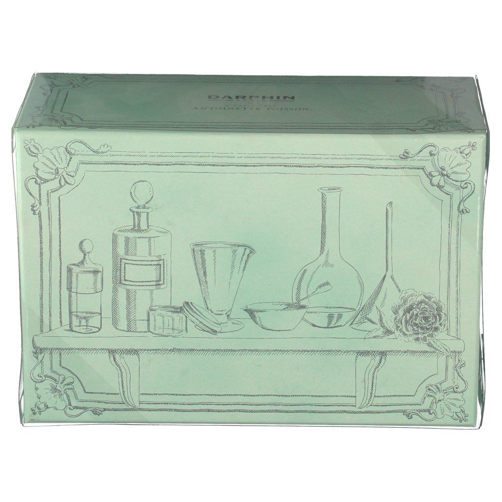 Verpakking met illustraties van laboratoriumgereedschap. Groene doos met transparant deksel. Merk: DARPHIN.